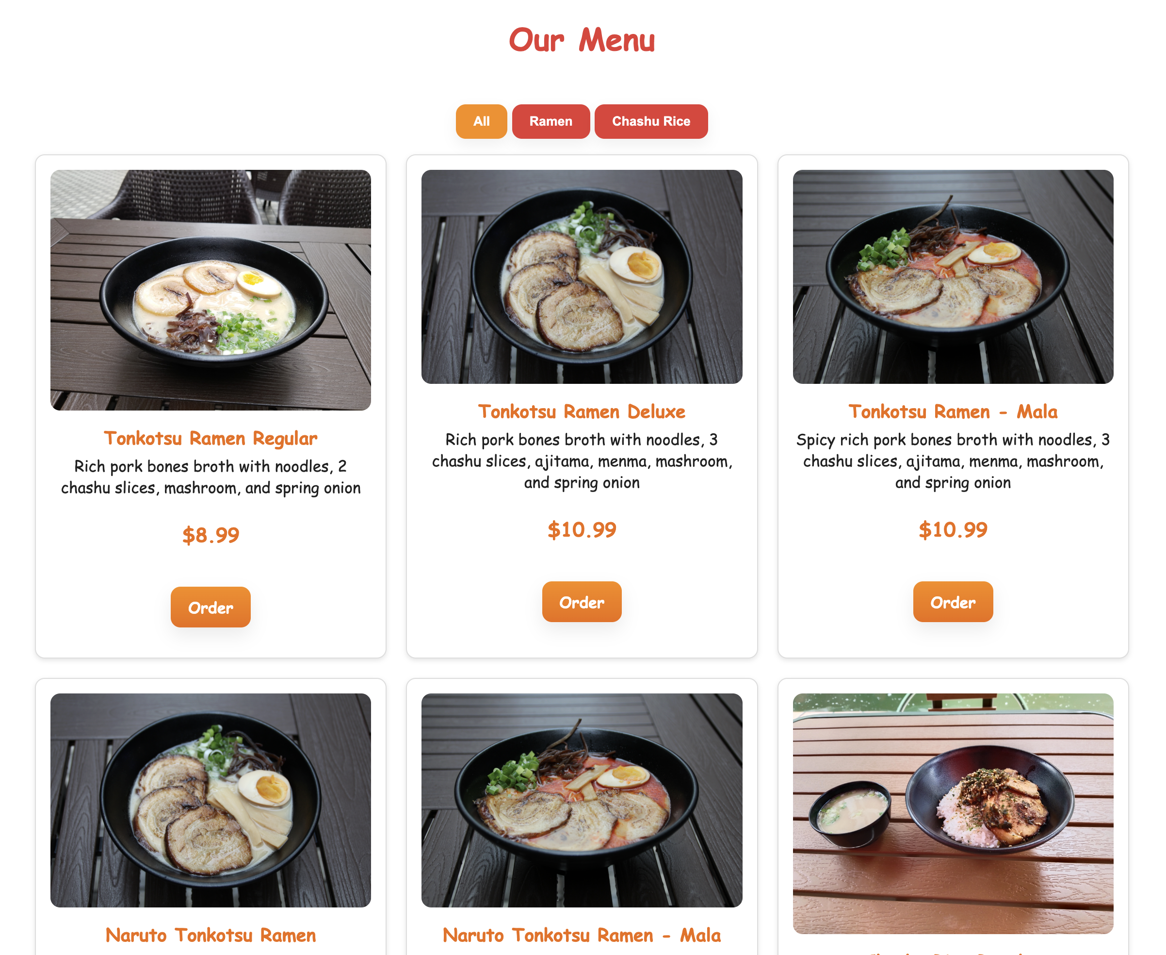 Screenshot of a Ramen Restaurant menu website project